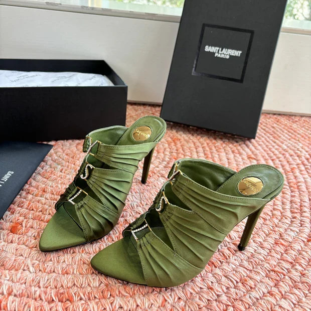YSL 26ss Pointed High Heels Sandals 110 Green Silk Leather 648791