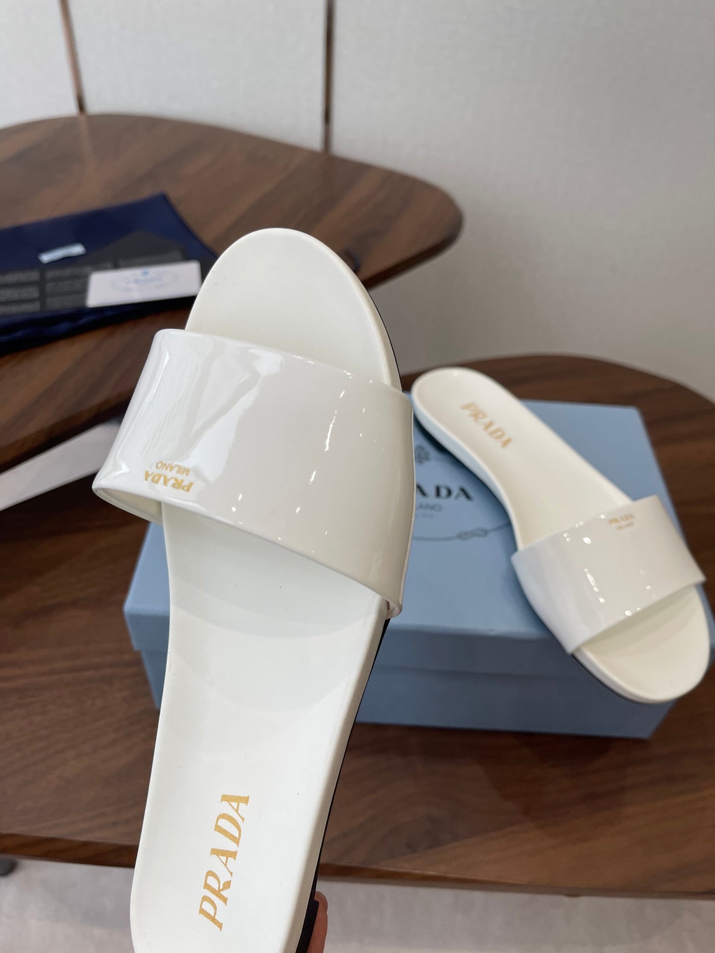 Prada Logo Slides White Patent Leather 727620