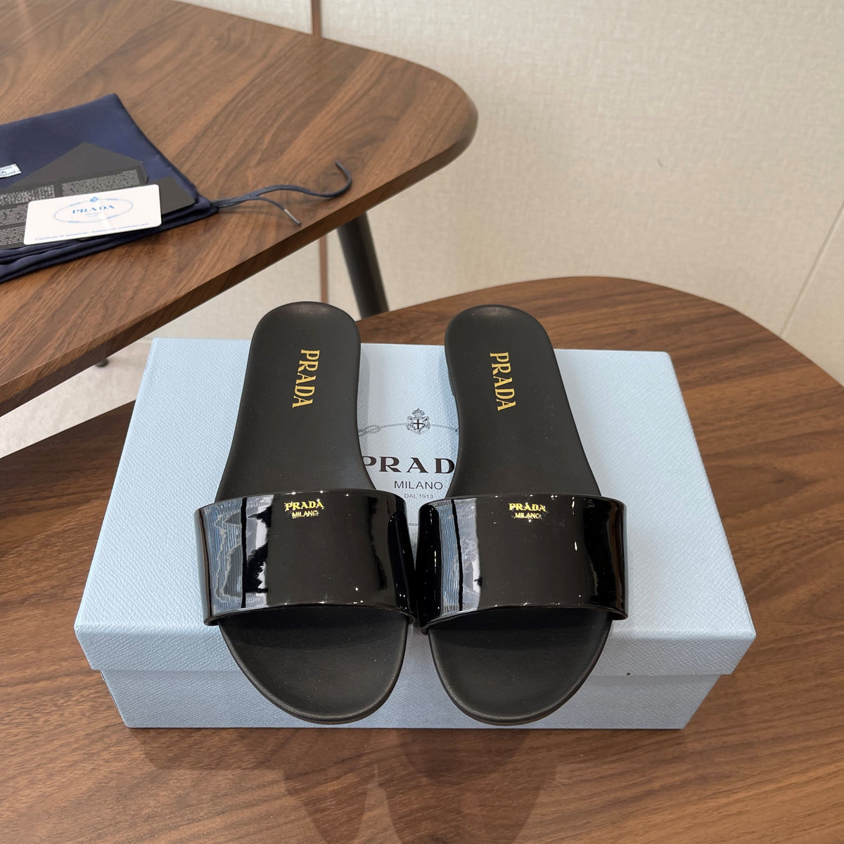 Prada Logo Slides Black Patent Leather 727621