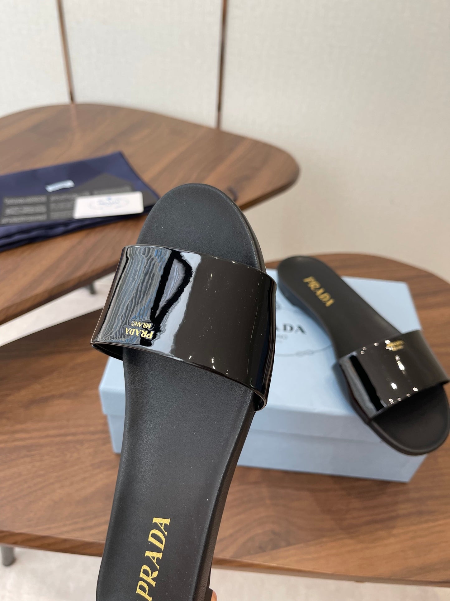 Prada Logo Slides Black Patent Leather 727621