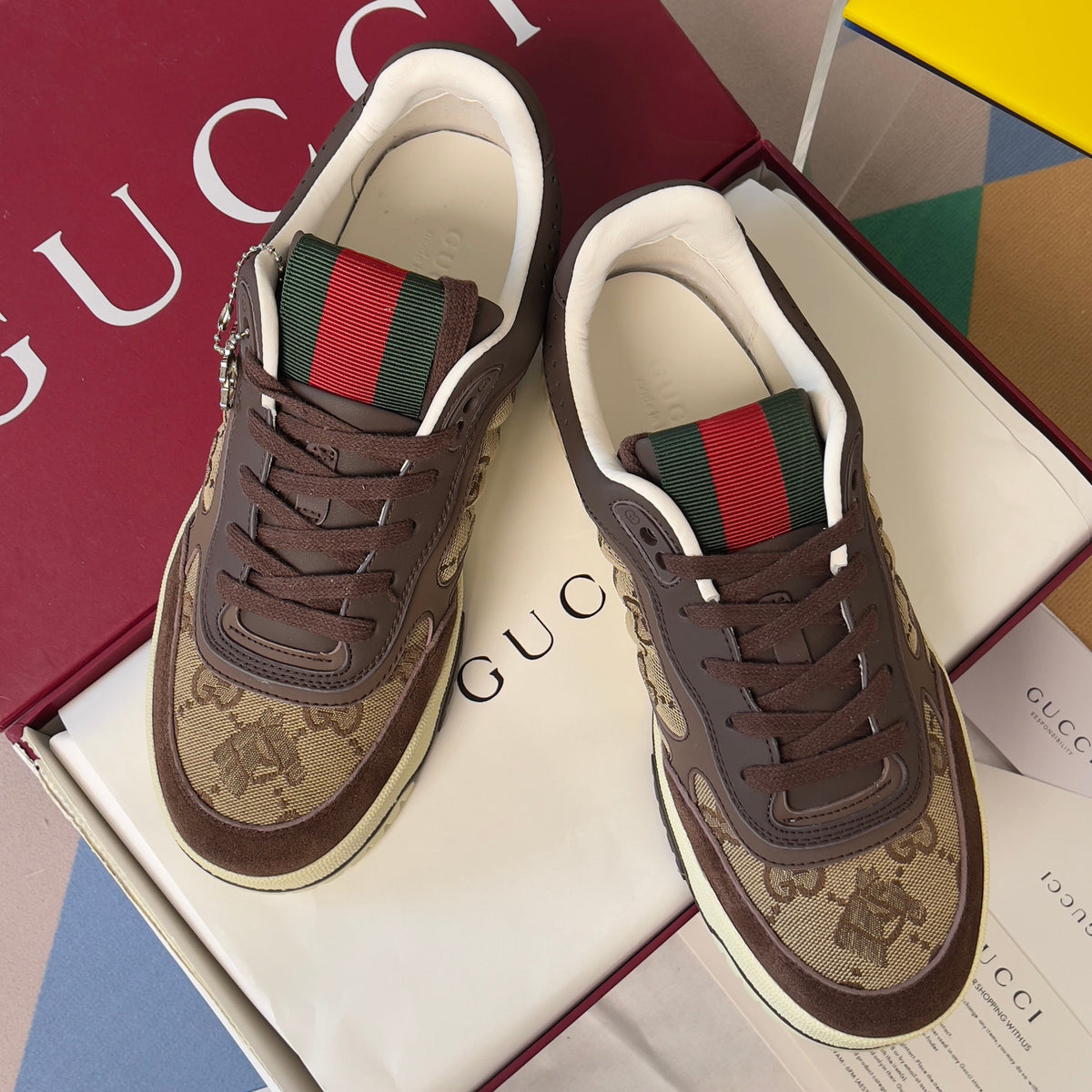 GG Women's Re-Web Trainers Beige Brown Cowhide Canvas 609257