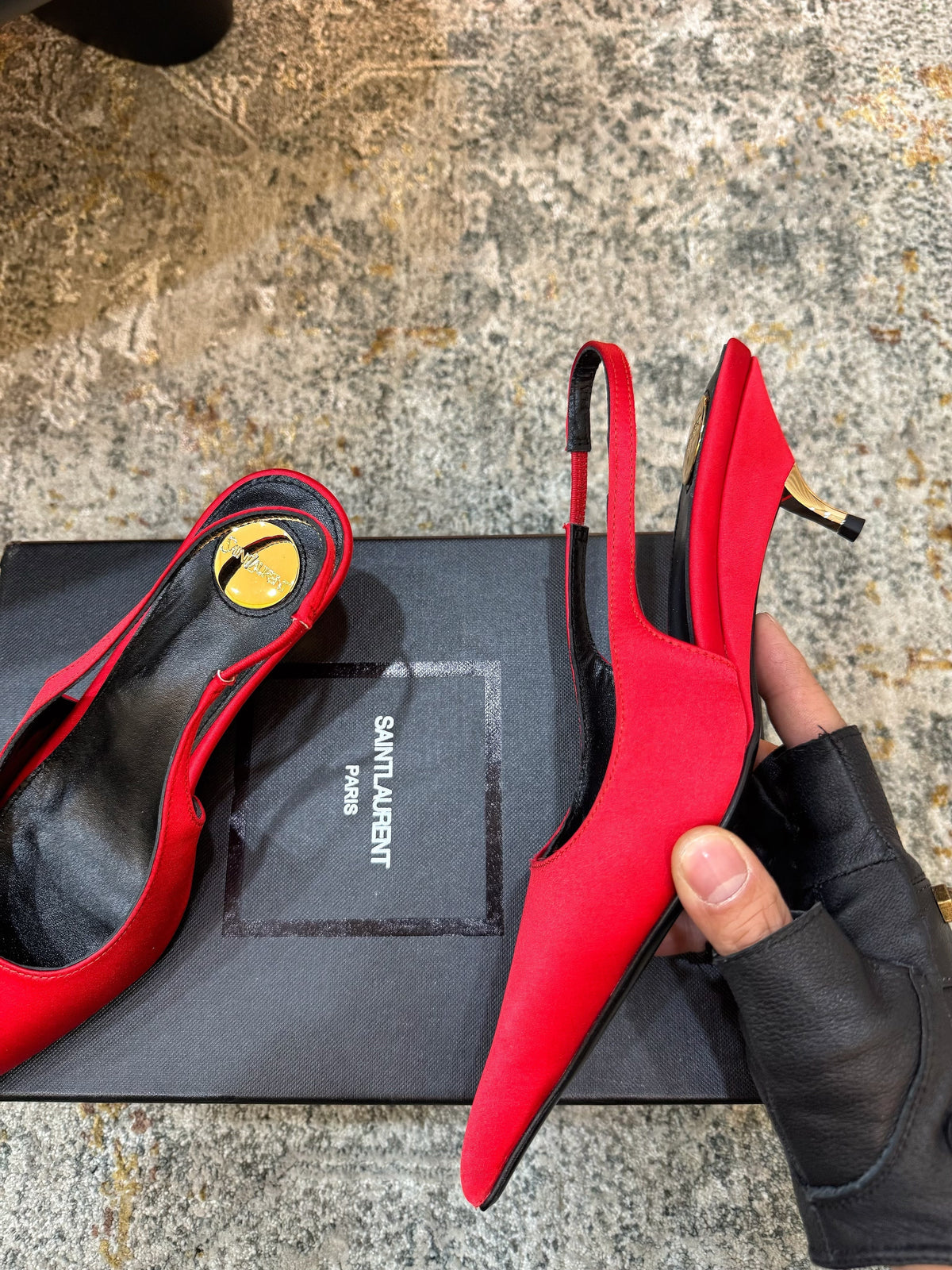 YSL Anne-Marie Slingback 8cm Red Satin 637214