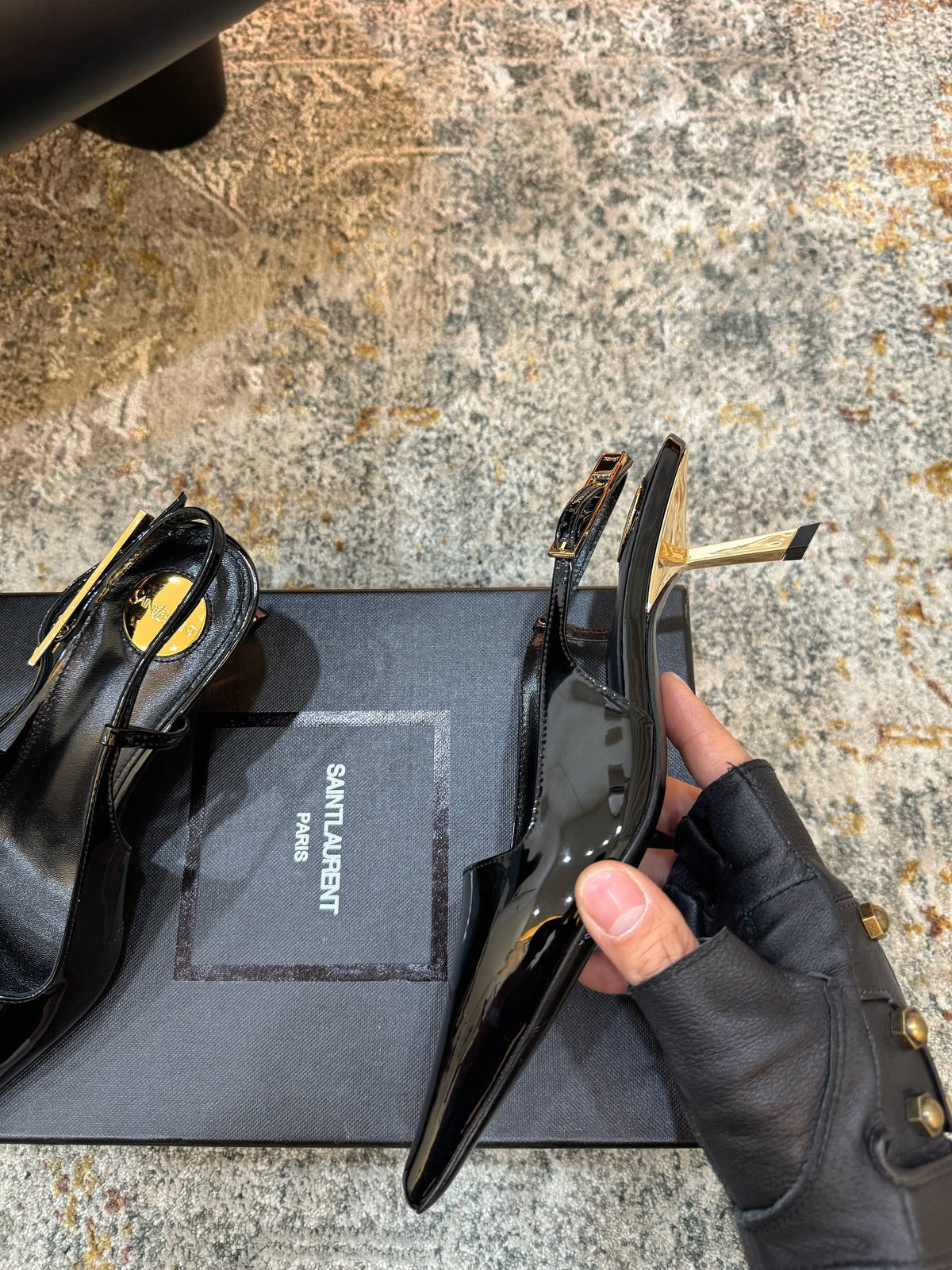YSL Anne-Marie Slingback 8cm Black Patent Leather 637221