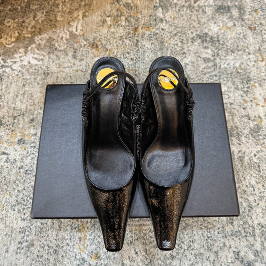 YSL Anne-Marie Slingback 8cm Black Glossy Sheepskin 637224