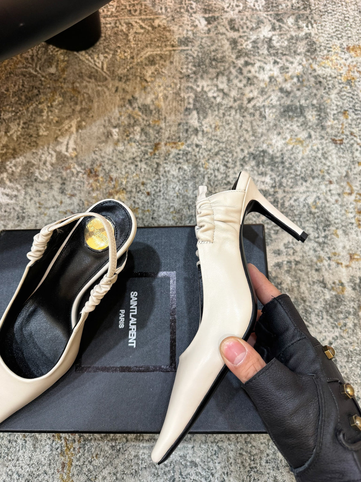 YSL Anne-Marie Slingback 8cm White Sheepskin Silk 637228