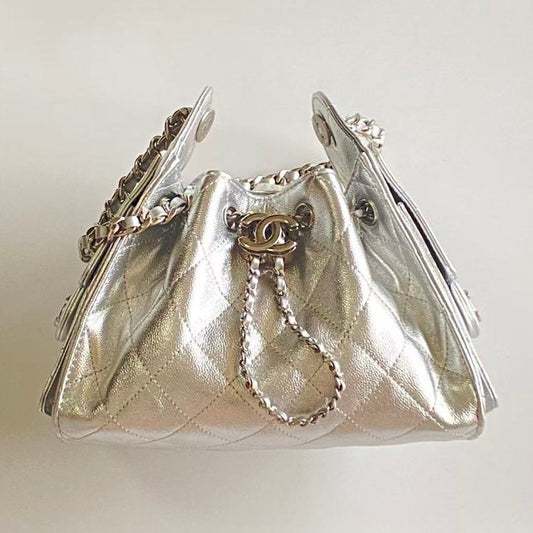 CC 2025 Hobo Bag Silver 22cm Metallic Grained Calfskin