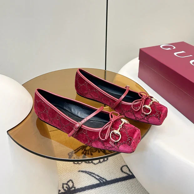 GG 26SS Ballet Flats Rhinestone Burgundy Velvet Sheepskin 645701