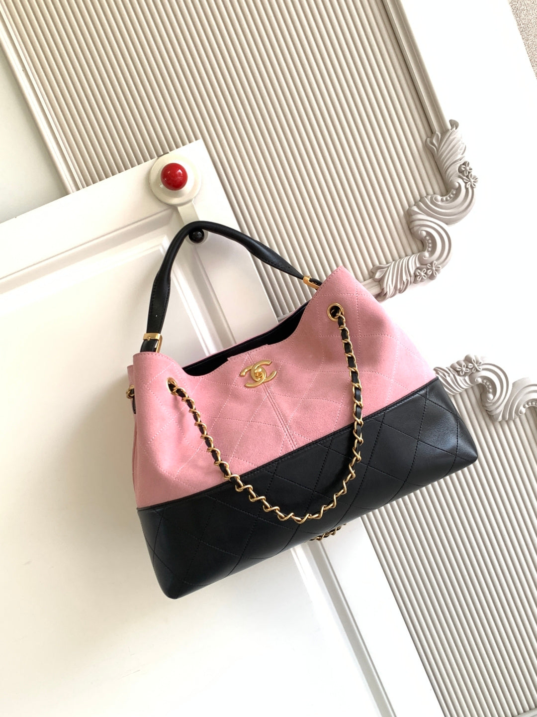 Chanel 2026 Shopping Bag 36cm Pink Black Suede Calfskin 348234