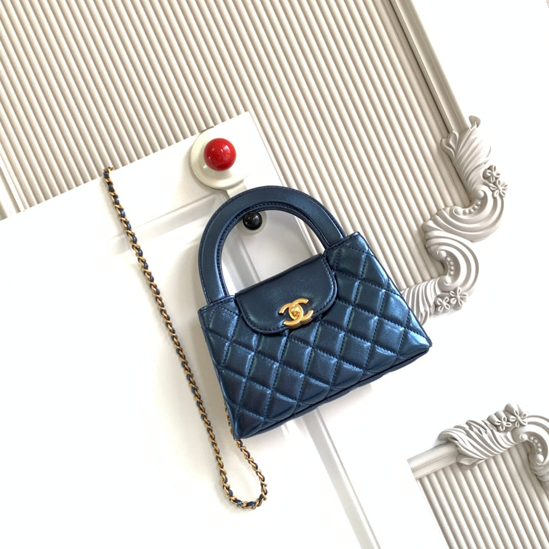 cc 24a nano 19cm kelly shopper bag metallic blue lambskin