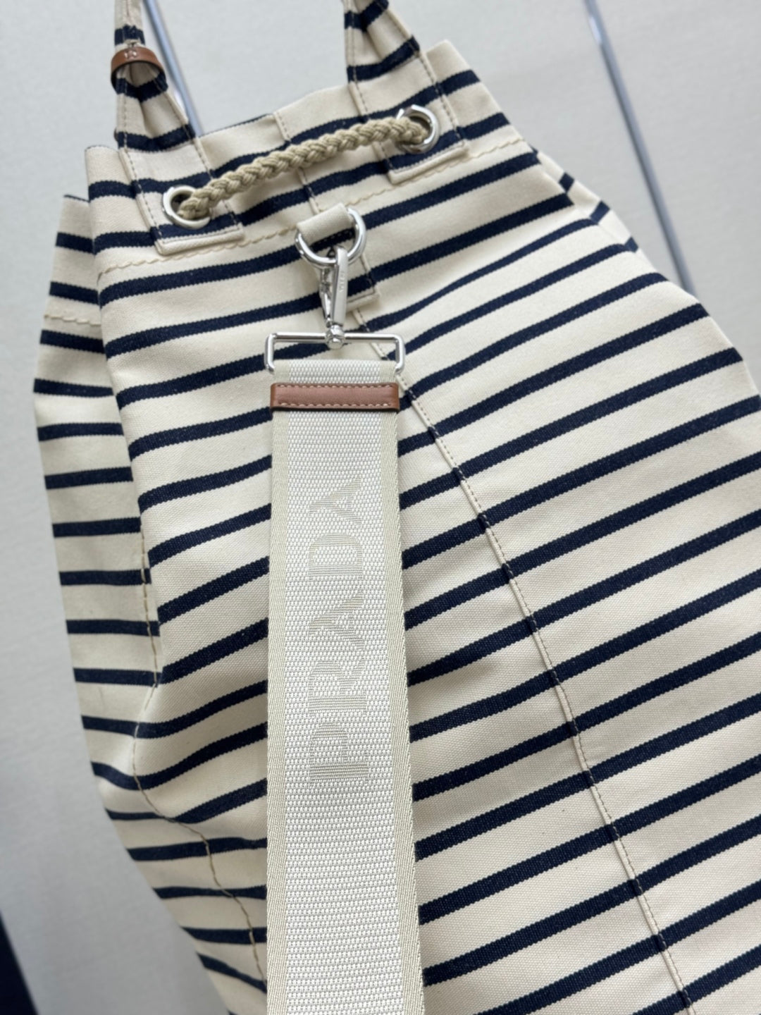 Prada 25s Drawstring Backpack 55 In Horizontal Stripes Canvas Silver Hardwre