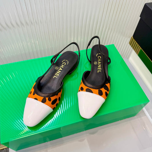 CC Slingback Flat White Orange Leopard-Print Leather