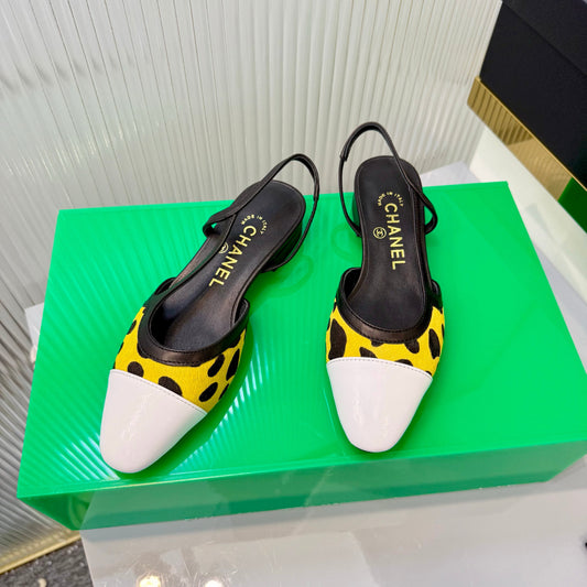 CC Slingback Flat White Yellow Leopard-Print Leather 923832