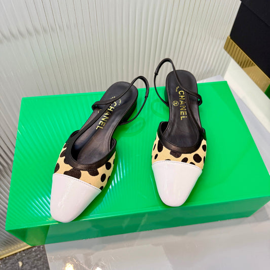 CC Slingback Flat White Beige Leopard-Print Leather 923835