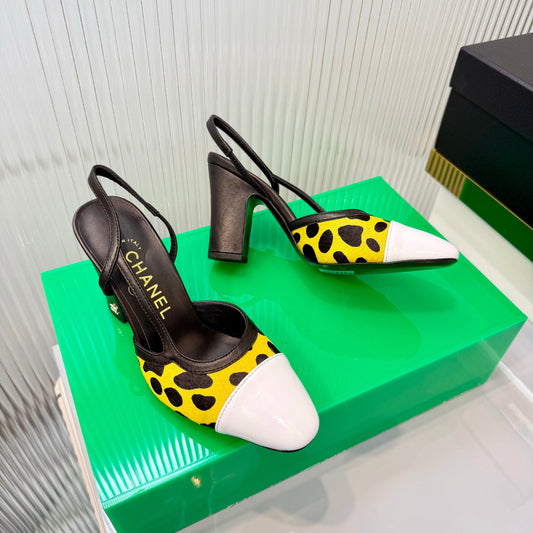 CC Slingback 9cm White Yellow Leopard-Print Leather 923847