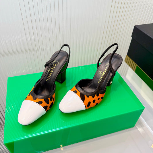 CC Slingback 9cm White Orange Leopard-Print Leather 923850