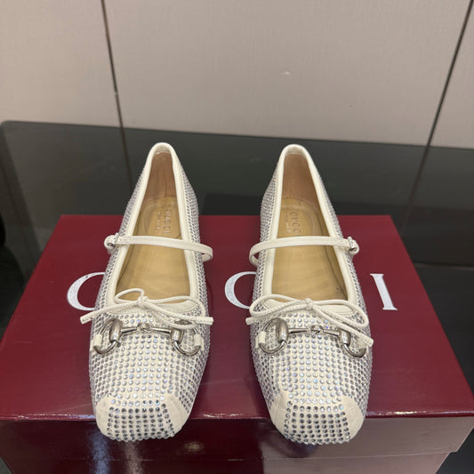 GG Ballerina Flats Square Toe White Leather 725283