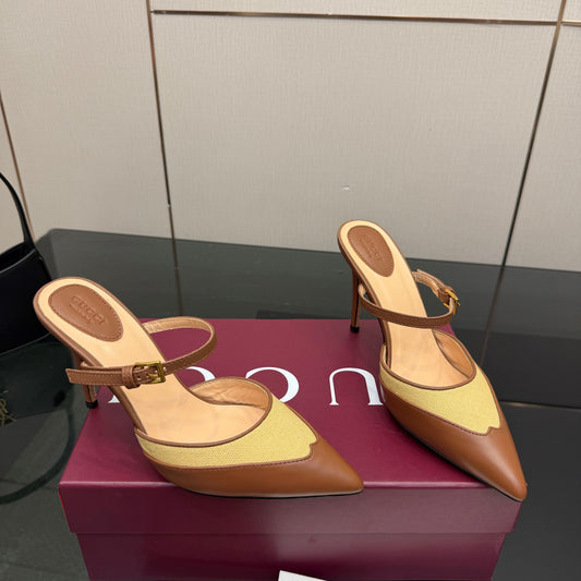 GG Pointed-Toe Mules 9.5cm Brown Cowhide 725303