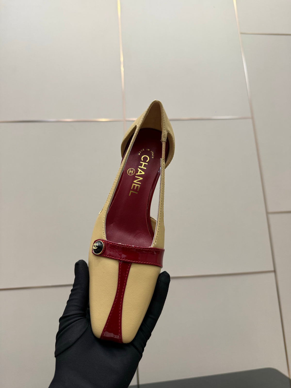 CC 26P Slingback 5cm Beige Red Lambskin Patent Leather 791604
