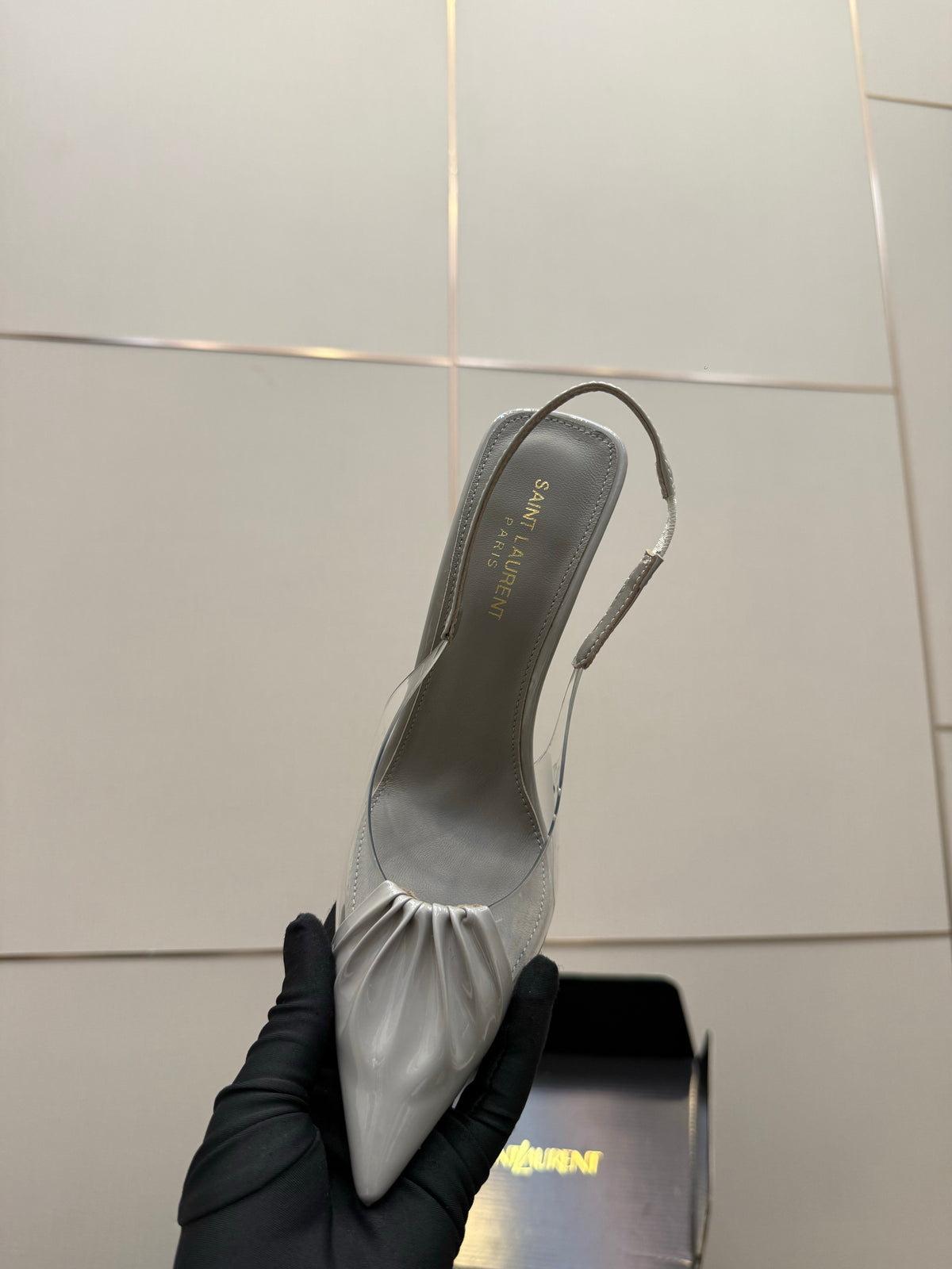 YSL Chica Slingback 10.5cm Grey Leather 828242