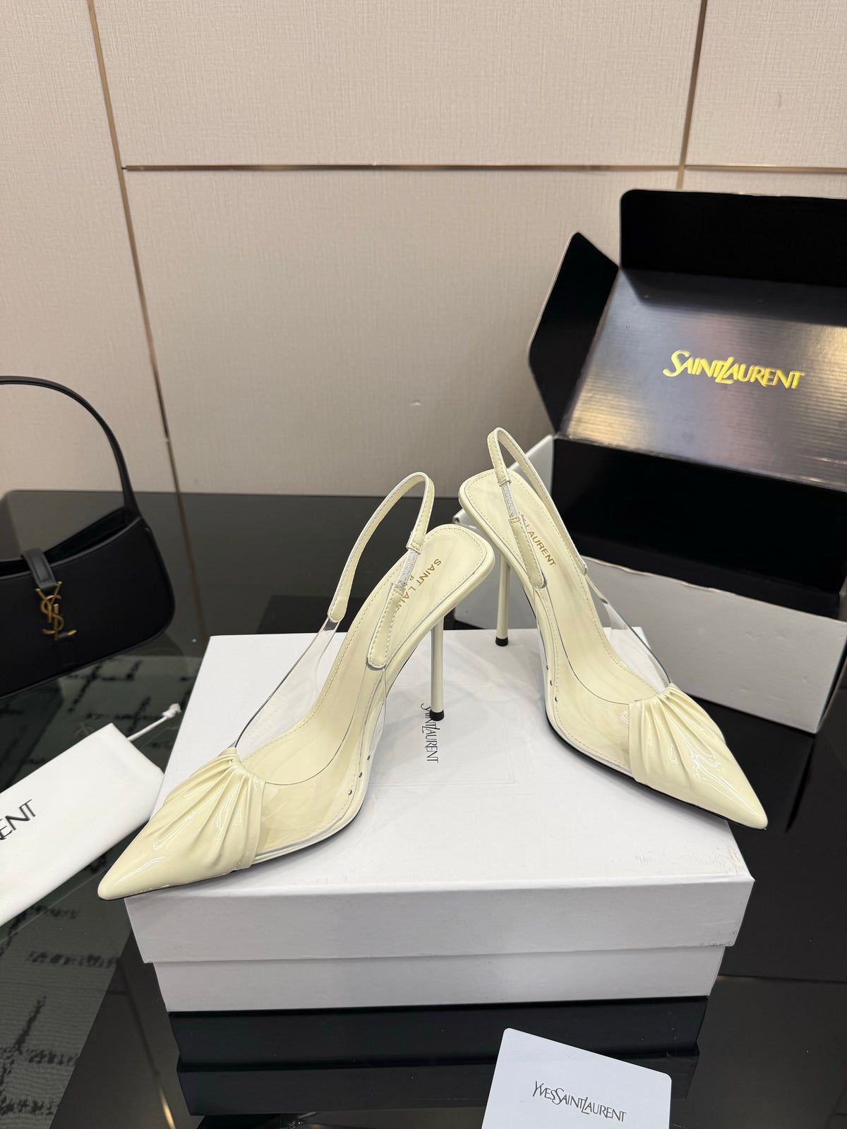 YSL Chica Slingback 10.5cm Cream Leather 828244