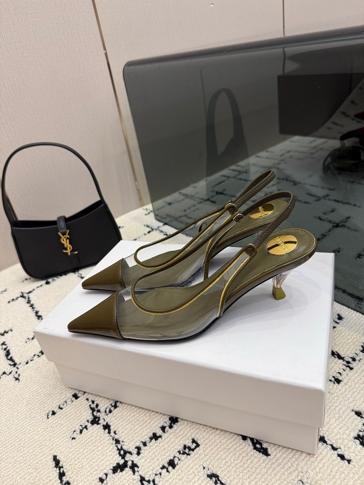 YSL Slingbacks Olive Patent Leather 894388