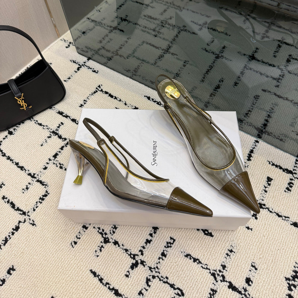 YSL Slingbacks Olive Patent Leather 894388