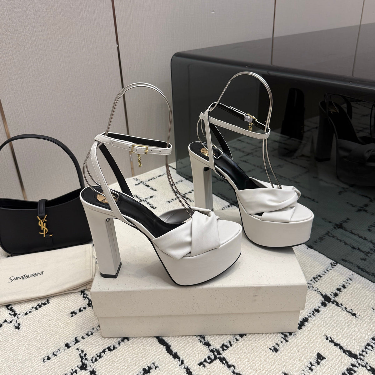 YSL Franciane Platform Sandals White Leather 894446
