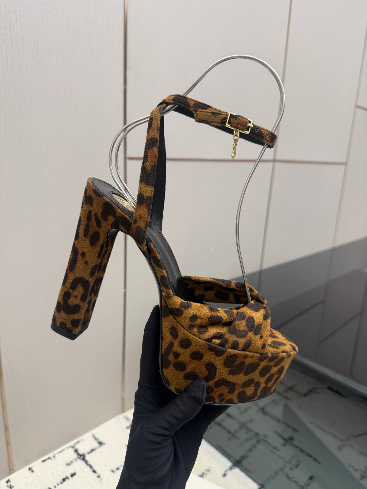 YSL Franciane Platform Sandals Leopard Suede