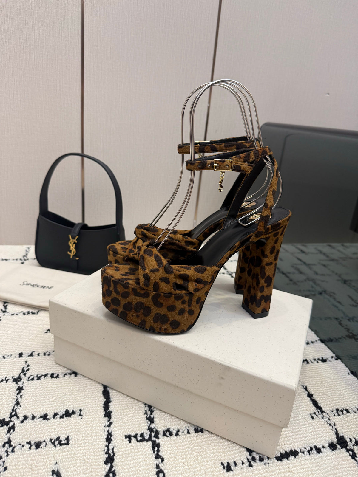 YSL Franciane Platform Sandals Leopard Suede