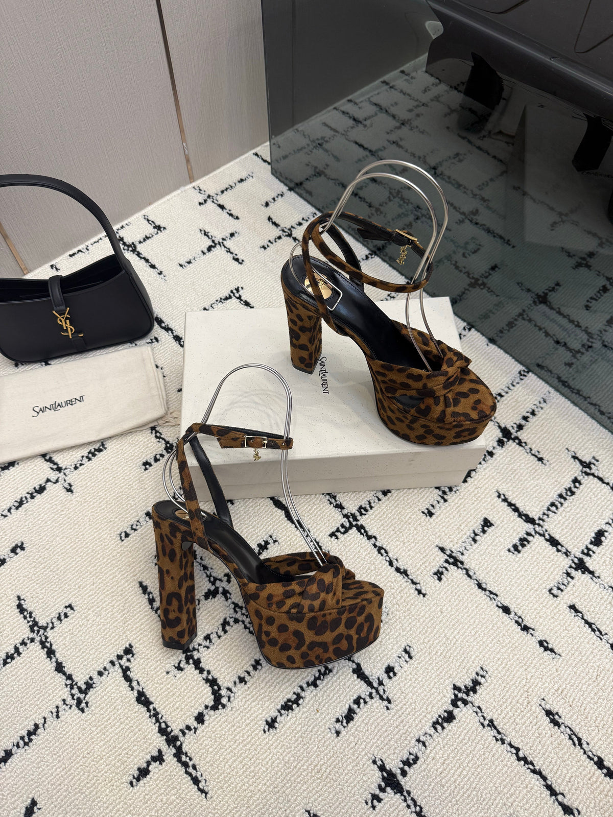 YSL Franciane Platform Sandals Leopard Suede