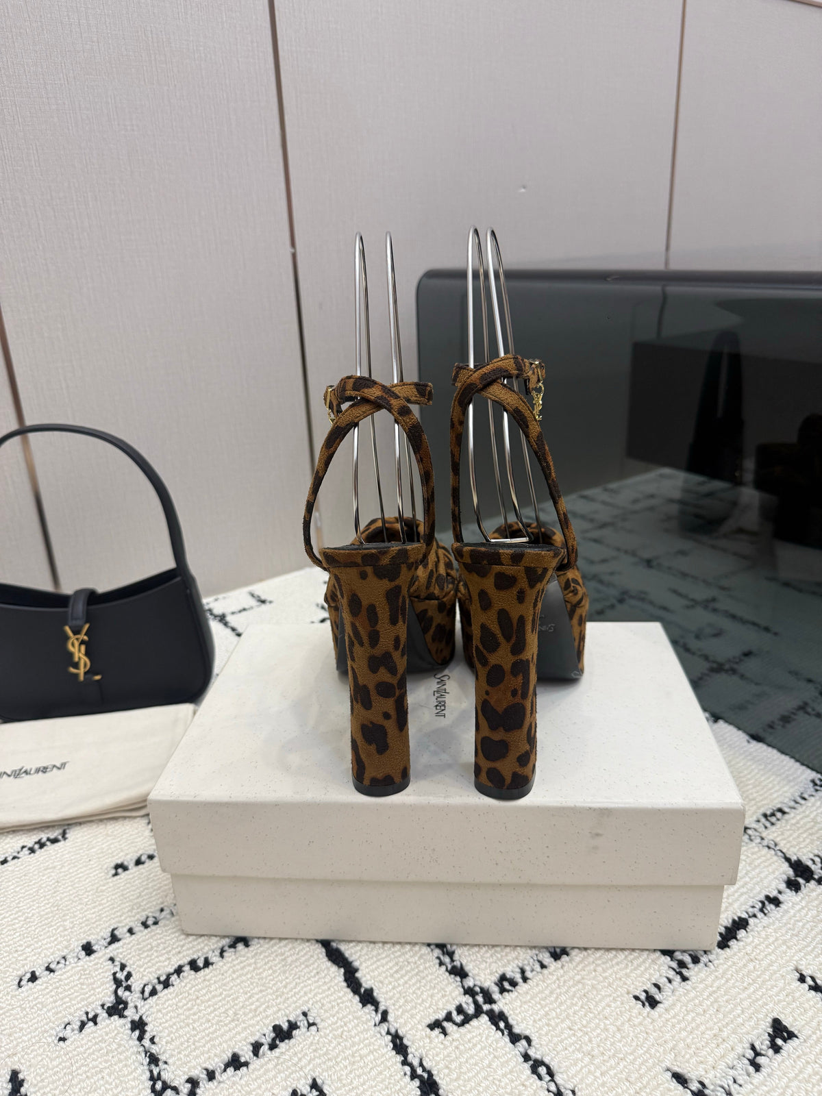 YSL Franciane Platform Sandals Leopard Suede