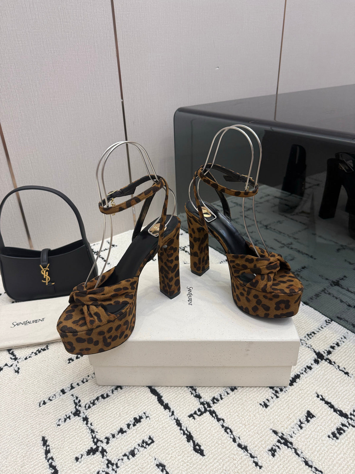 YSL Franciane Platform Sandals Leopard Suede