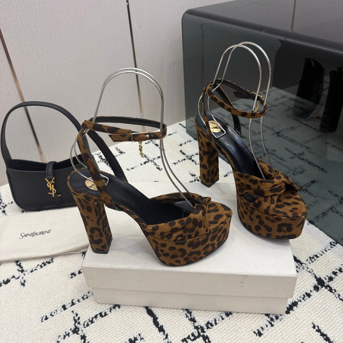 YSL Franciane Platform Sandals Leopard Suede