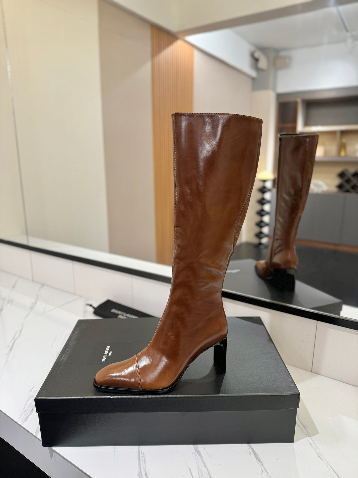 YSL 25 Zipper Sleeve Boot Brown Cowhide 520789