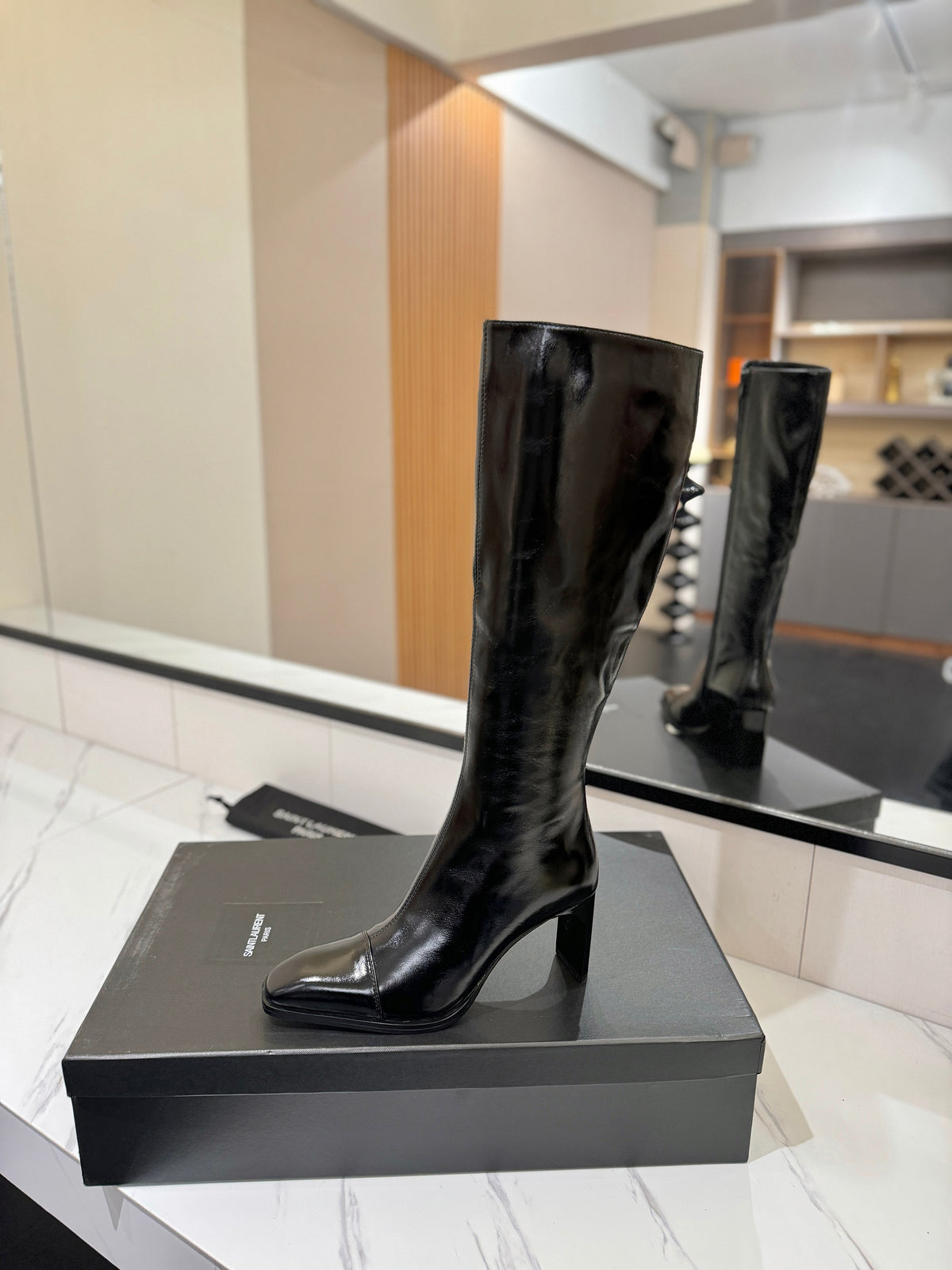 YSL 25 Zipper Sleeve Boot Black Patent Cowhide 520791