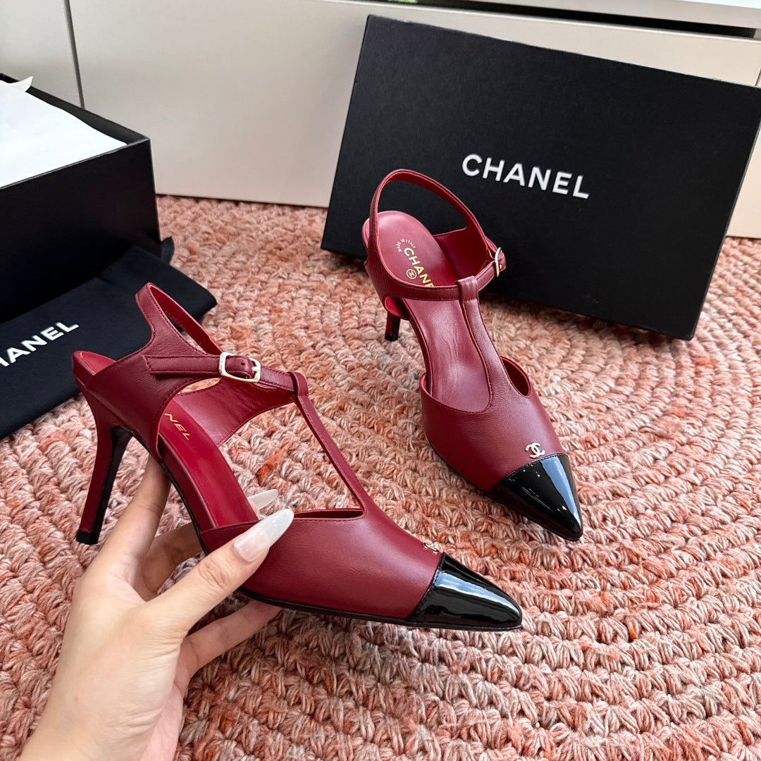CC 26s T-Strap Slingback Pumps Burgundy Black Leather 933224