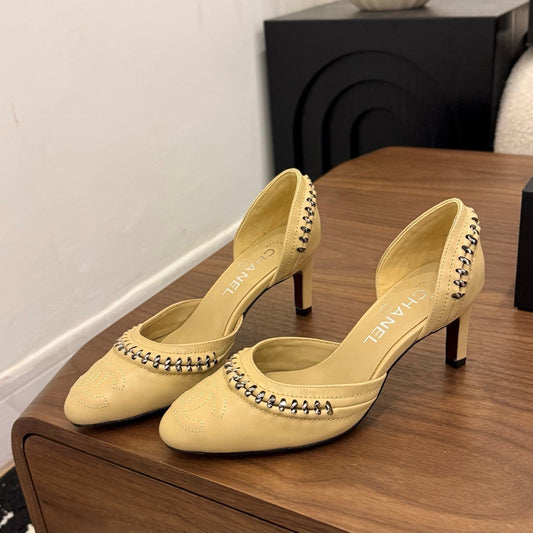 CC 2026 SlingBack Heeld Braided Chain Beige Calfskin 676194