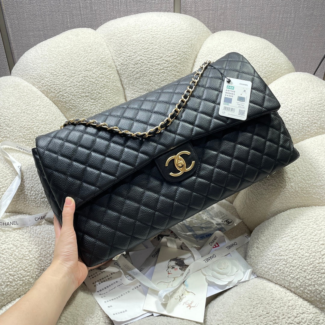 Chanel 26s Flap Bag 46 In Black Caviar Calfskin With Gold Hardware
