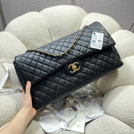 Chanel 26s Flap Bag 46 In Black Caviar Calfskin With Gold Hardware