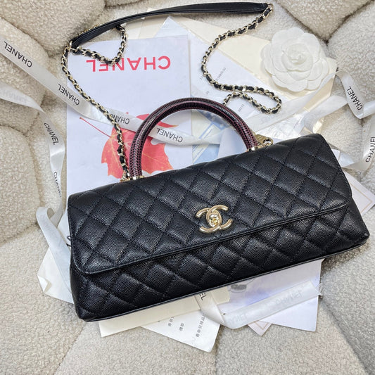 CC 26P Horizontal Coco Handle 32cm Black Quited Caviar Leather  Light Gold 286342