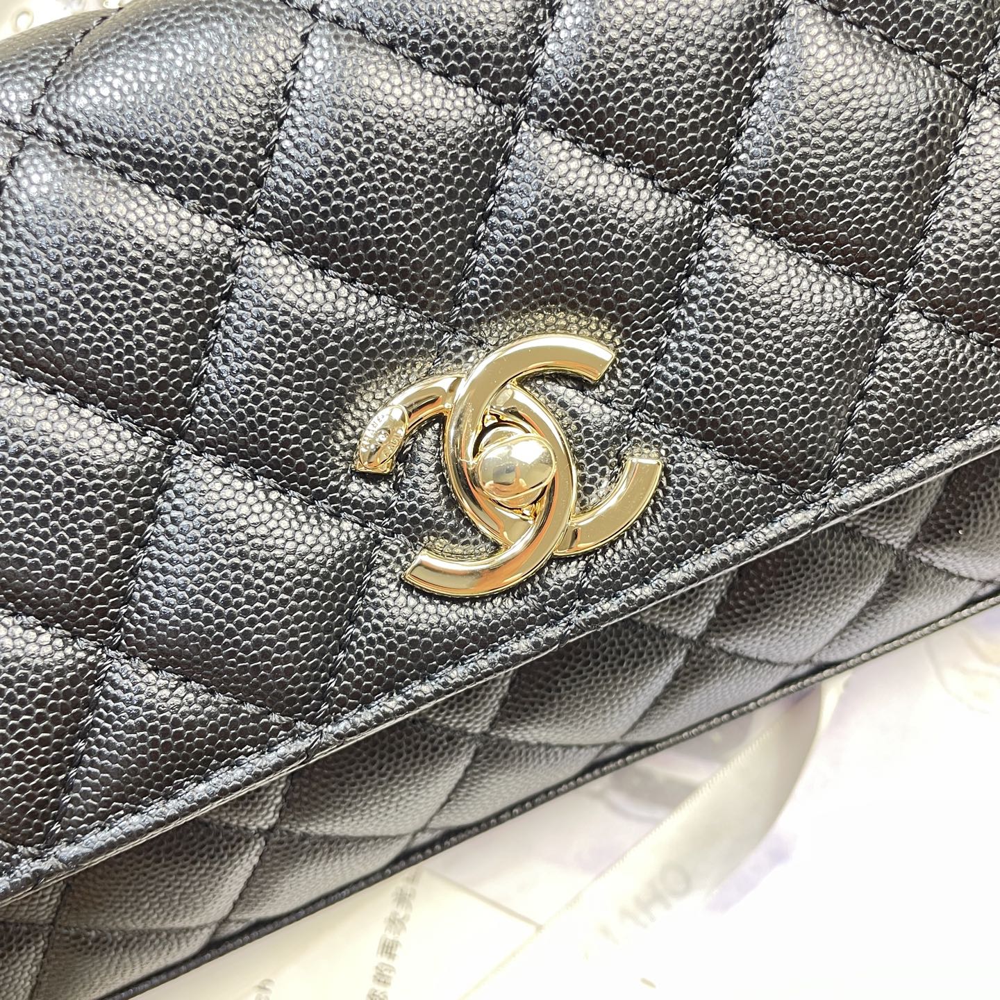 CC Maxi Flap Bag with Top Handle 31.5cm Black Quited Caviar Leather