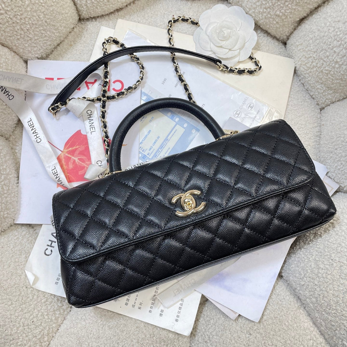 CC Maxi Flap Bag with Top Handle 31.5cm Black Quited Caviar Leather