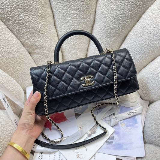 CC Maxi Flap Bag with Top Handle 31.5cm Black Quited Caviar Leather