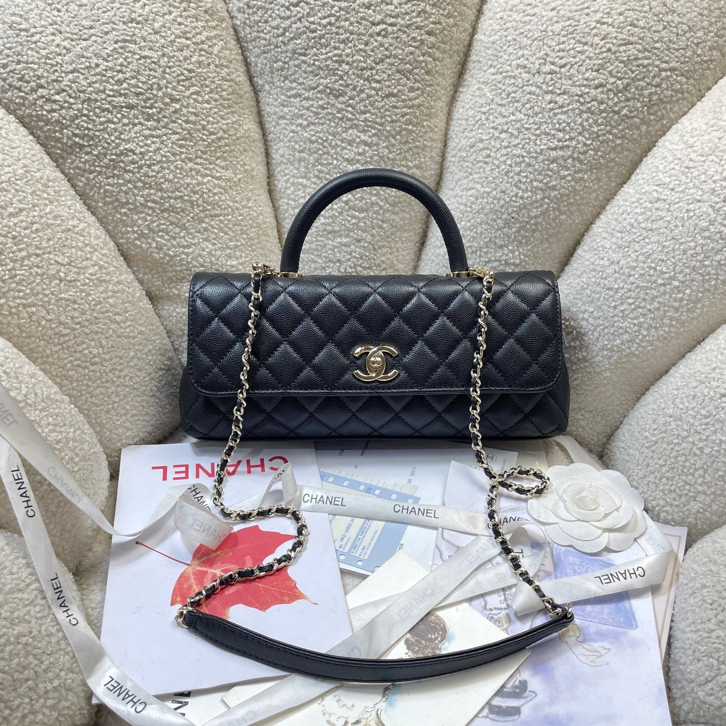 CC Maxi Flap Bag with Top Handle 31.5cm Black Quited Caviar Leather