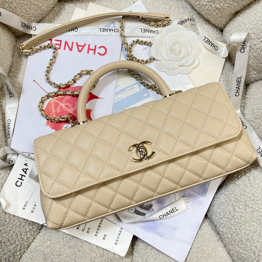 CC Maxi Flap Bag with Top Handle 31.5cm Light Beige Quited Caviar Leather