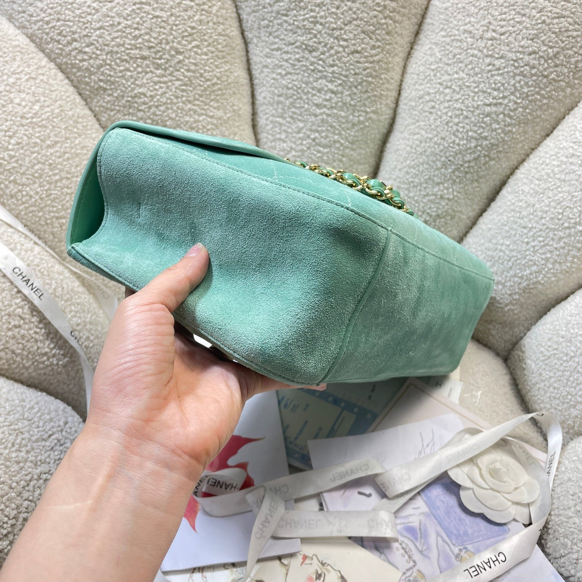 CC Shopping Tote Bag 33cm Seafoam Green Quilted Suede