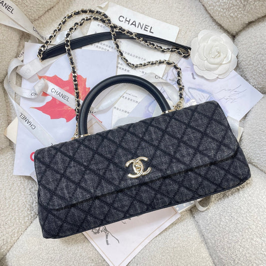 CC Maxi Flap Bag with Top Handle 31.5cm Black Denim