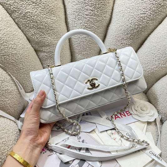 CC Maxi Flap Bag with Top Handle 31.5cm White Lambskin