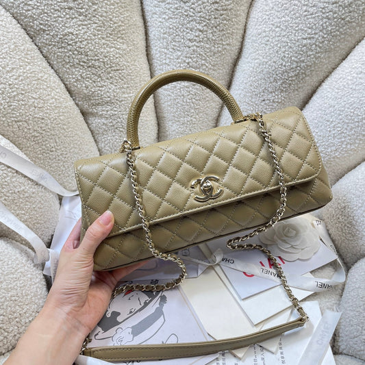 CC Maxi Flap Bag with Top Handle 31.5cm Khaki Quited Caviar Leather