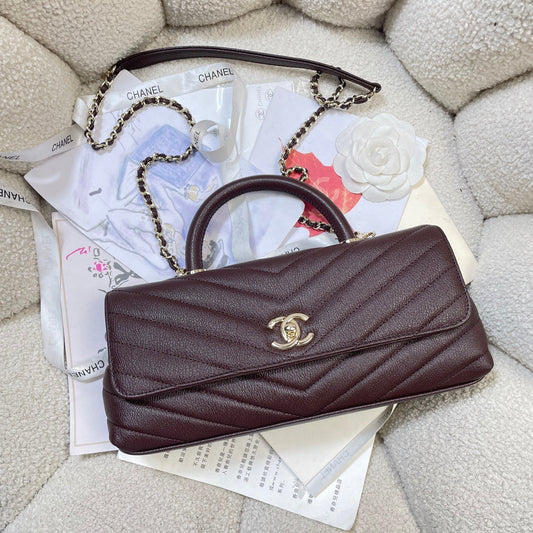 CC Maxi Flap Bag with Top Handle 31.5cm Coffee Goatskin